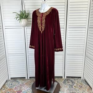 La Cera Wine Red Gold Velour Gown Long Sleeve Stretch House Dress Womens Size XL